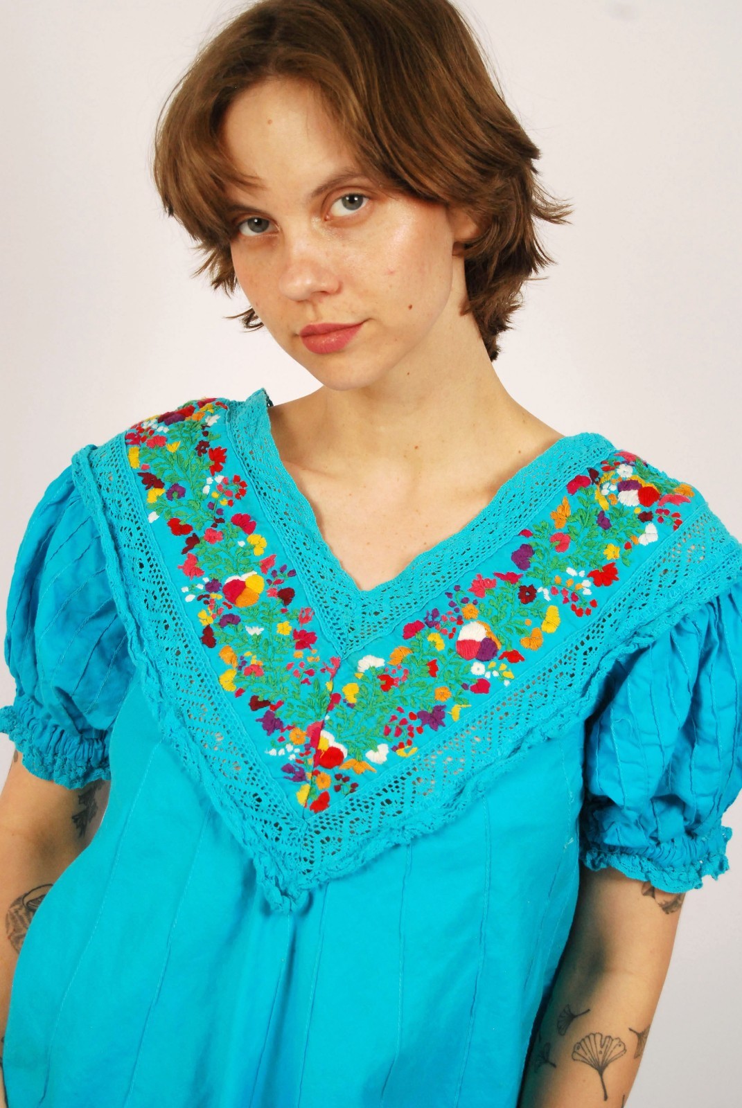 70s Mexican Embroidered Dress (L) large blue vintage shift floral boho sundress