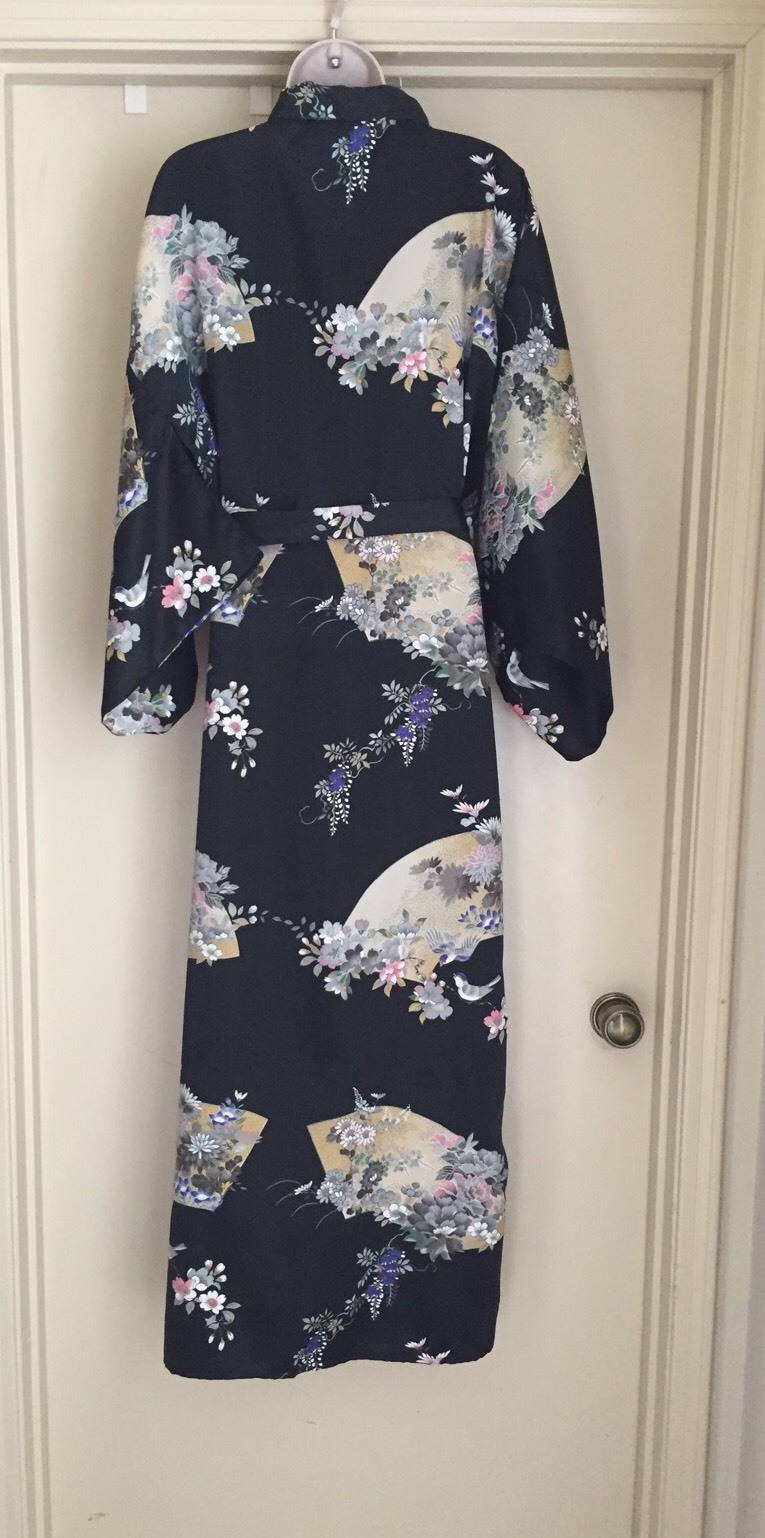 ICHIBAN Vintage 80s 90s Bohemian boho Japanese Black Floral satin Kimono robe