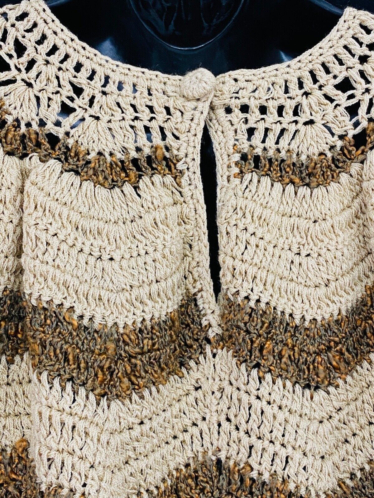 Vintage 1970s brown tan striped sweater, chevron crop Victorian oversized lace