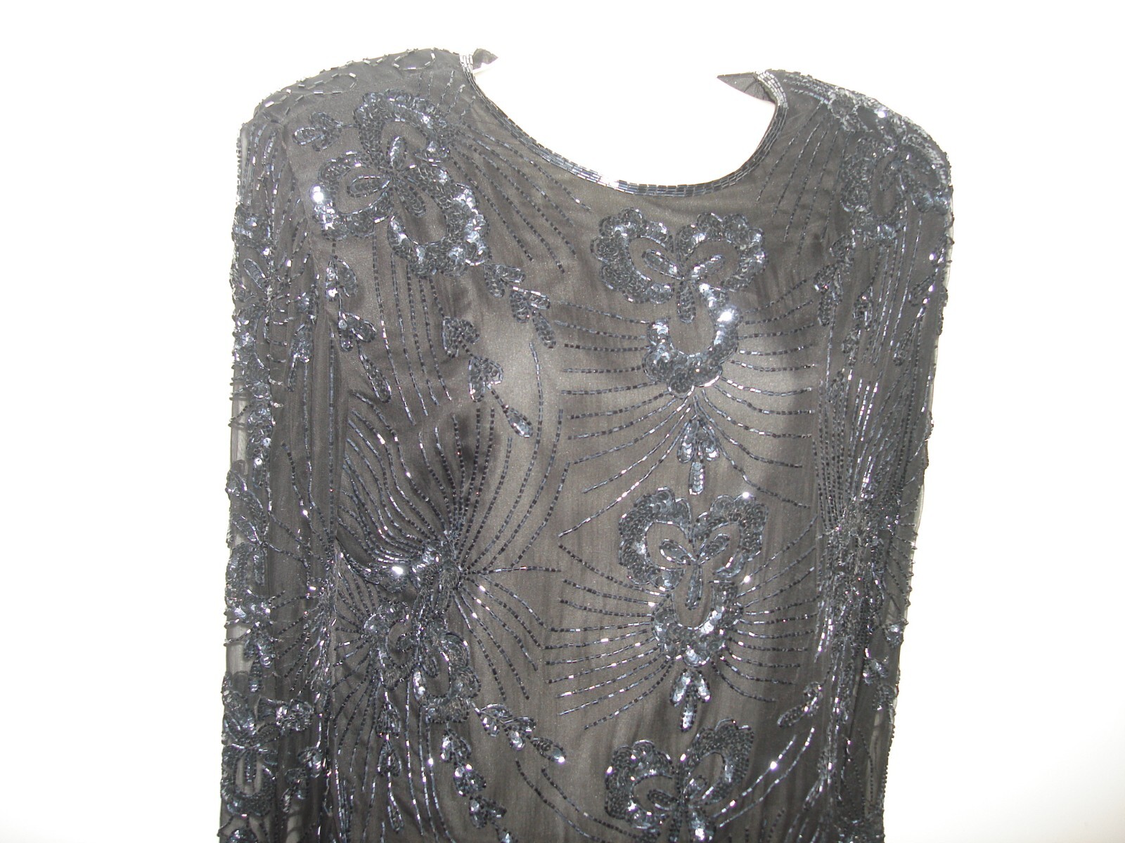 Vintage Unique Nice STENAY EVENING Black Silk Beaded Cocktail Long Sleeve Top L