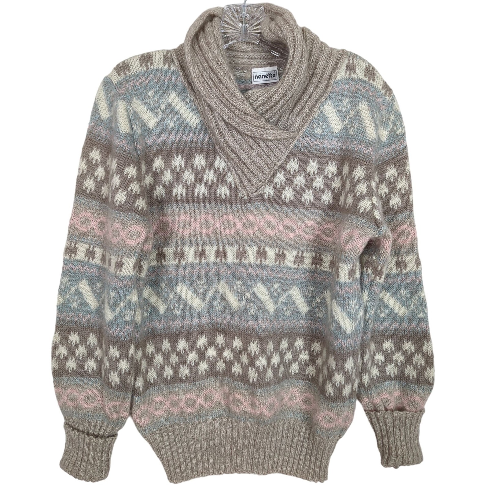 Vintage Nanette Women’s Fair Isle Sweater S/M Pastel Pattern Shawl Collar
