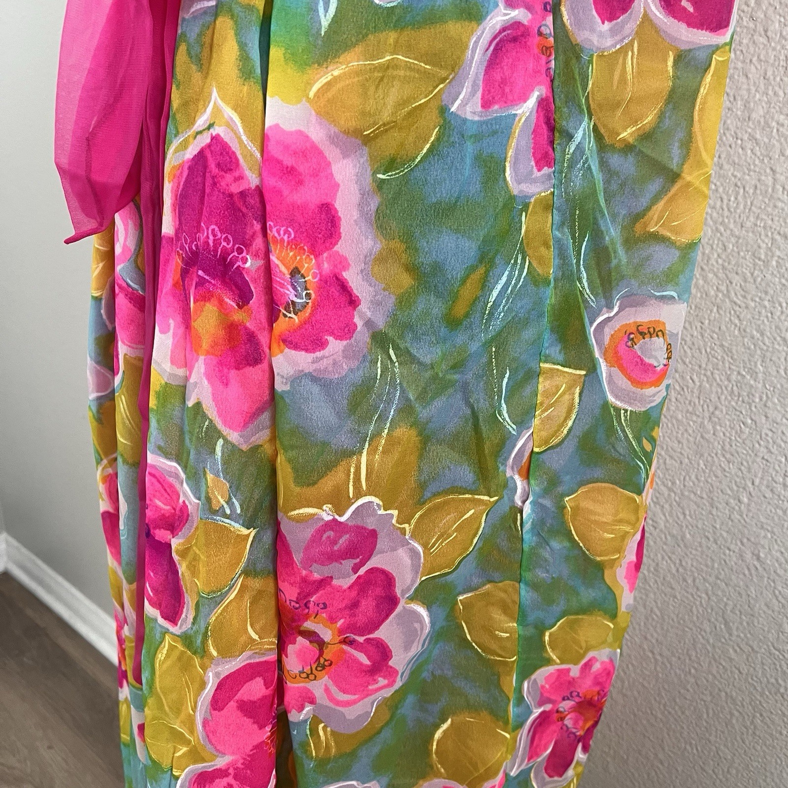 Vintage Jenelle of California Gown Belted Ruffles Floral Lined Colorful Nylon