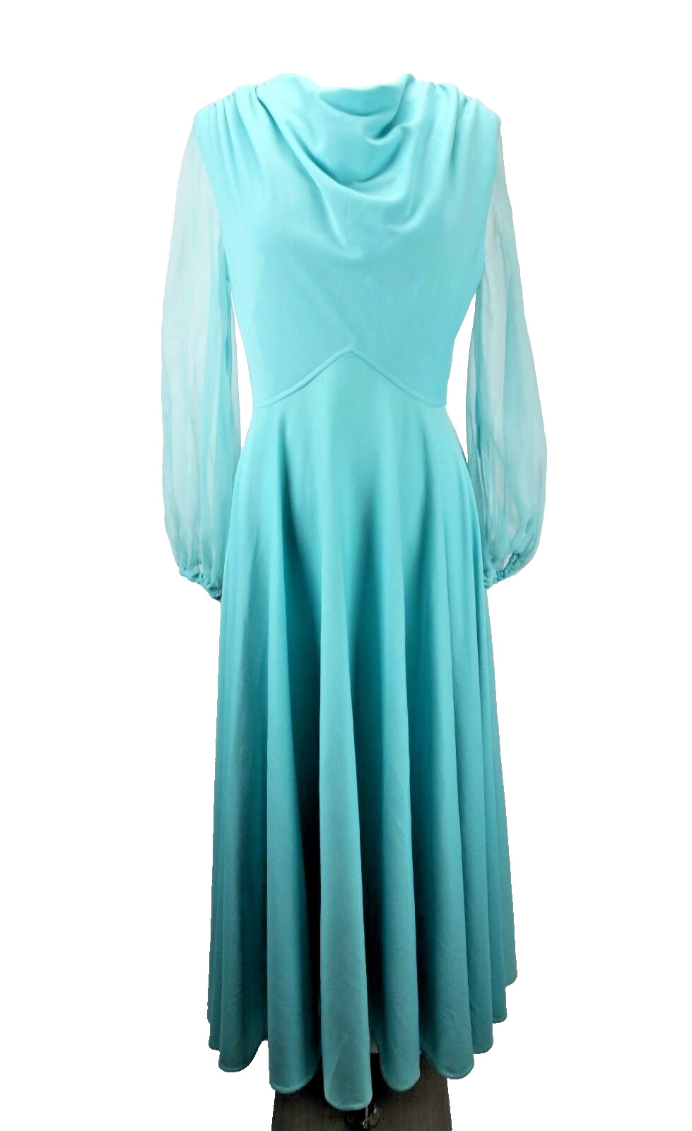 60s Cowl Neck Blue HIPPIE Festival MOD Angel Sleeve House Dress 14 Elegant Miss