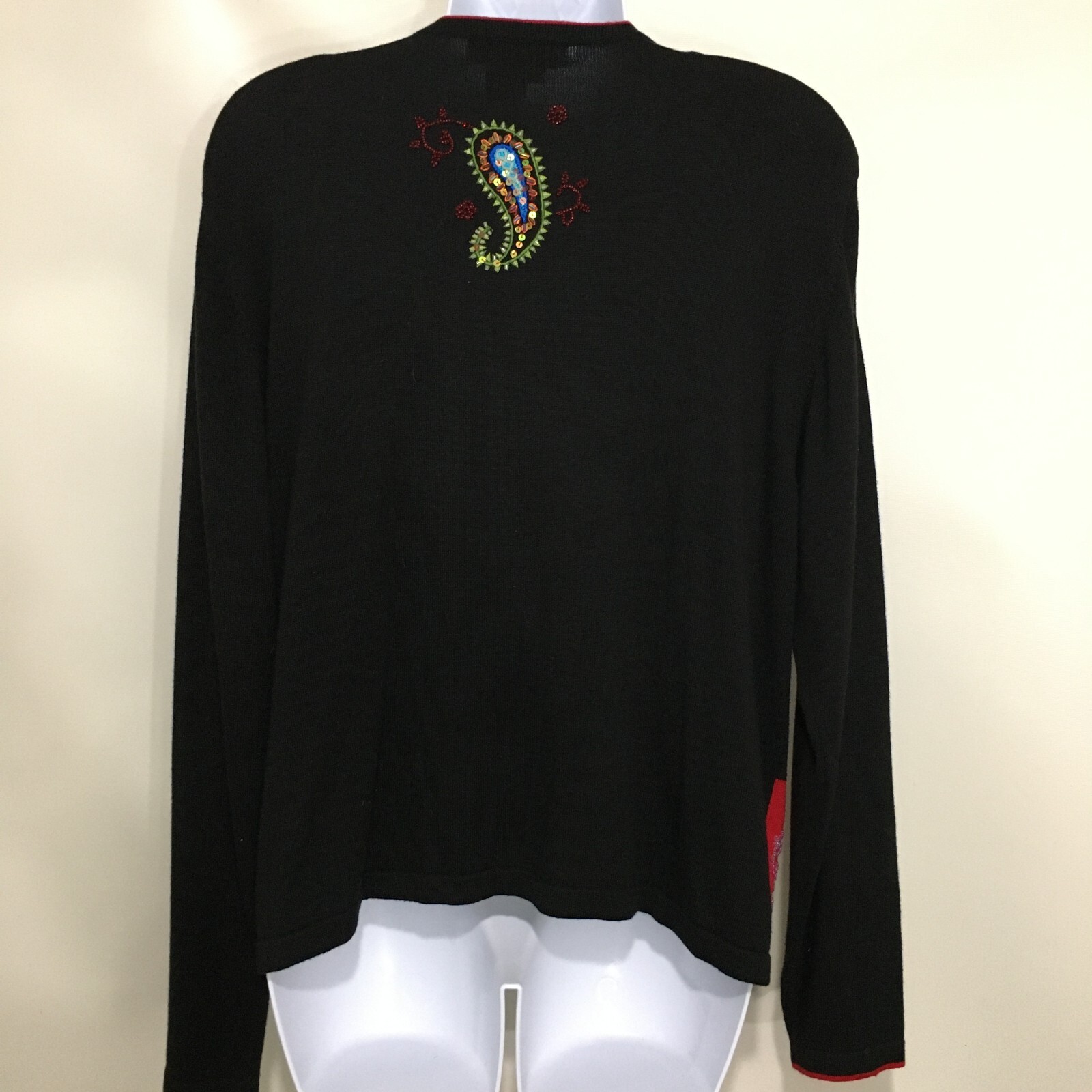 Jack B Quick PL Black Red Paisleys Sequins Beads Cardigan Vintage Button FLAWS