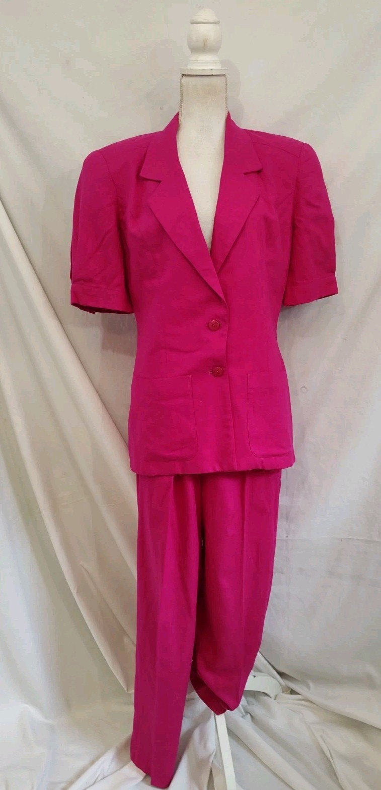 80’s Vintage 100% Silk Pants Suit SK & Company Hot Pink Short Sleeve Sz 10
