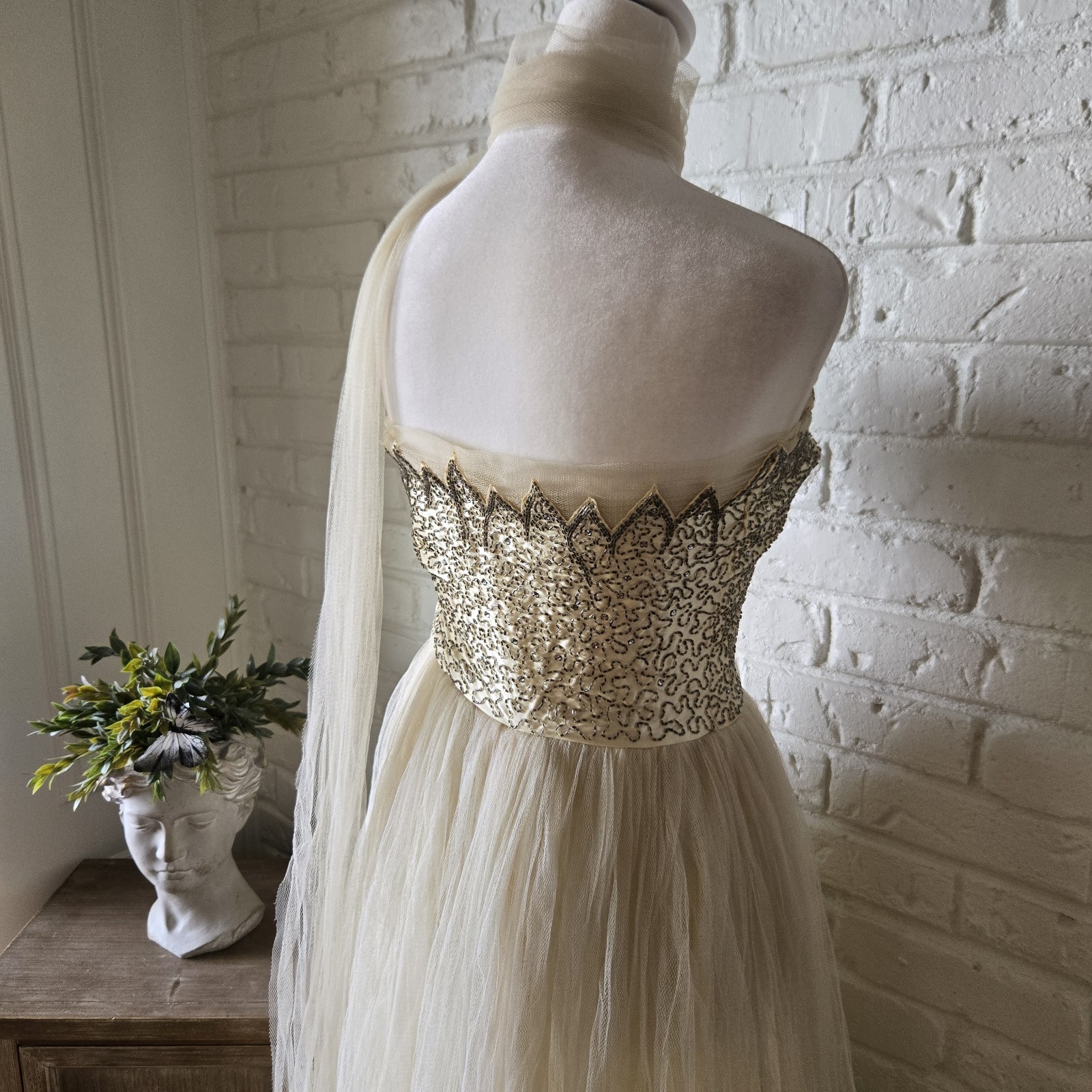 Vtg 1950s Ivory Tulle & Satin Embellished Gown, Party Dress, Wedding, XS/2