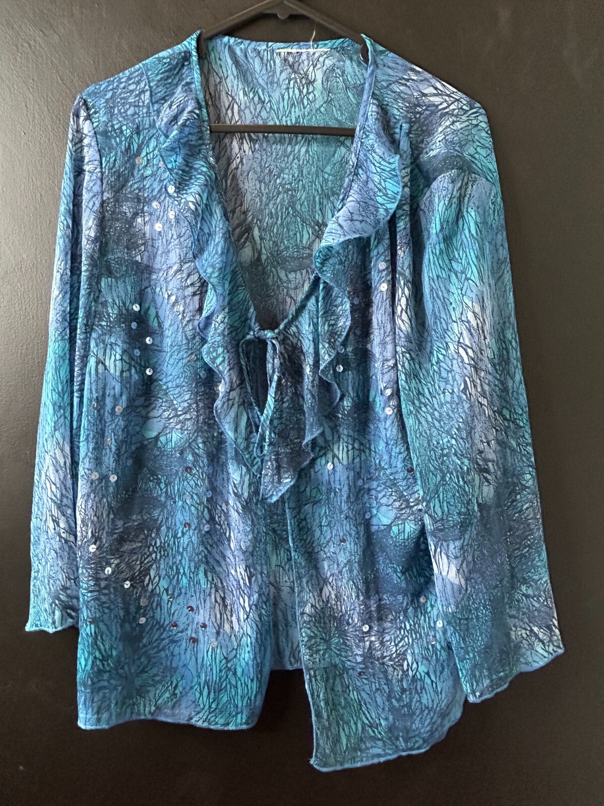 Vintage y2k Ladies Sheer Blue Cascade Ruffle Blouse Sequin Summer Hippie AU 12