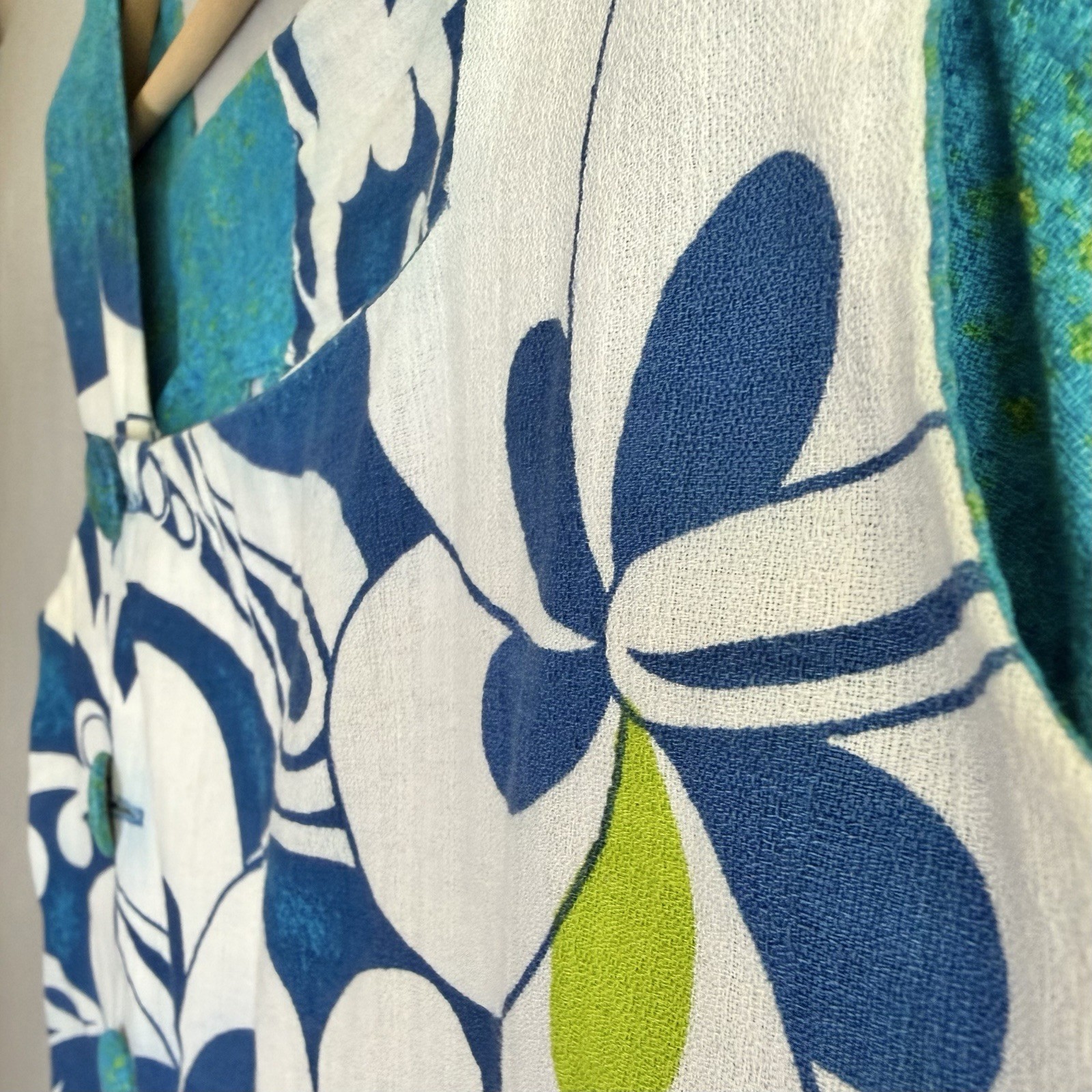Malihini Vintage Barkcloth Dress Small Blue Sleeveless Hawaiian Floral Buttons