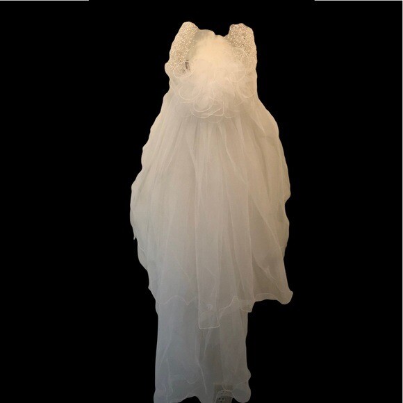 Vintage Wedding Veil Mid Length Tulle Tiny White Seed Pearls Headband 41” White