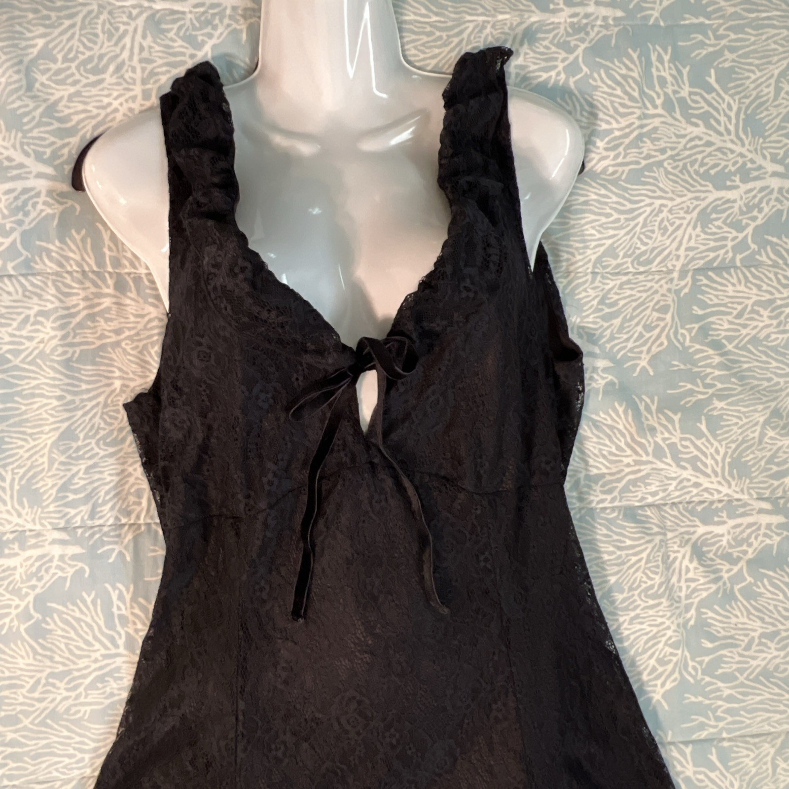 Black Lace Maxi Slip Dress Flowy Goth Sheer Layer Witchy Halloween