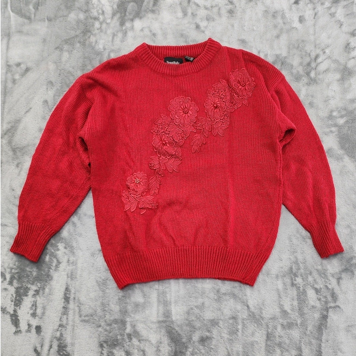 Vintage Beautifully Mine Sweater Womens M Red Crew Neck Pullover Pearls Beaded