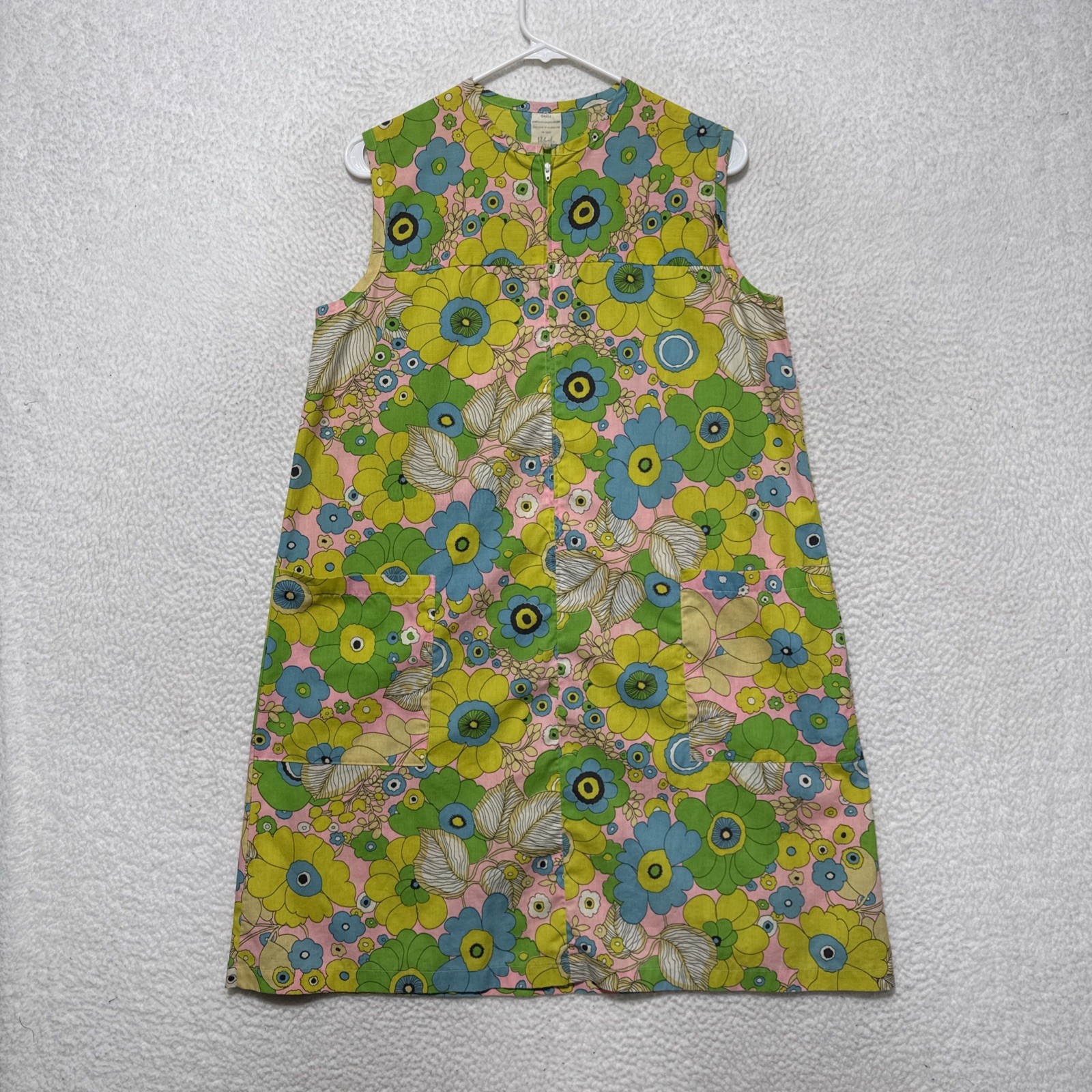 Vintage 60’s 70’s Floral Half Zip Flower Power Shirt Dress W/Pockets Womens Sm.