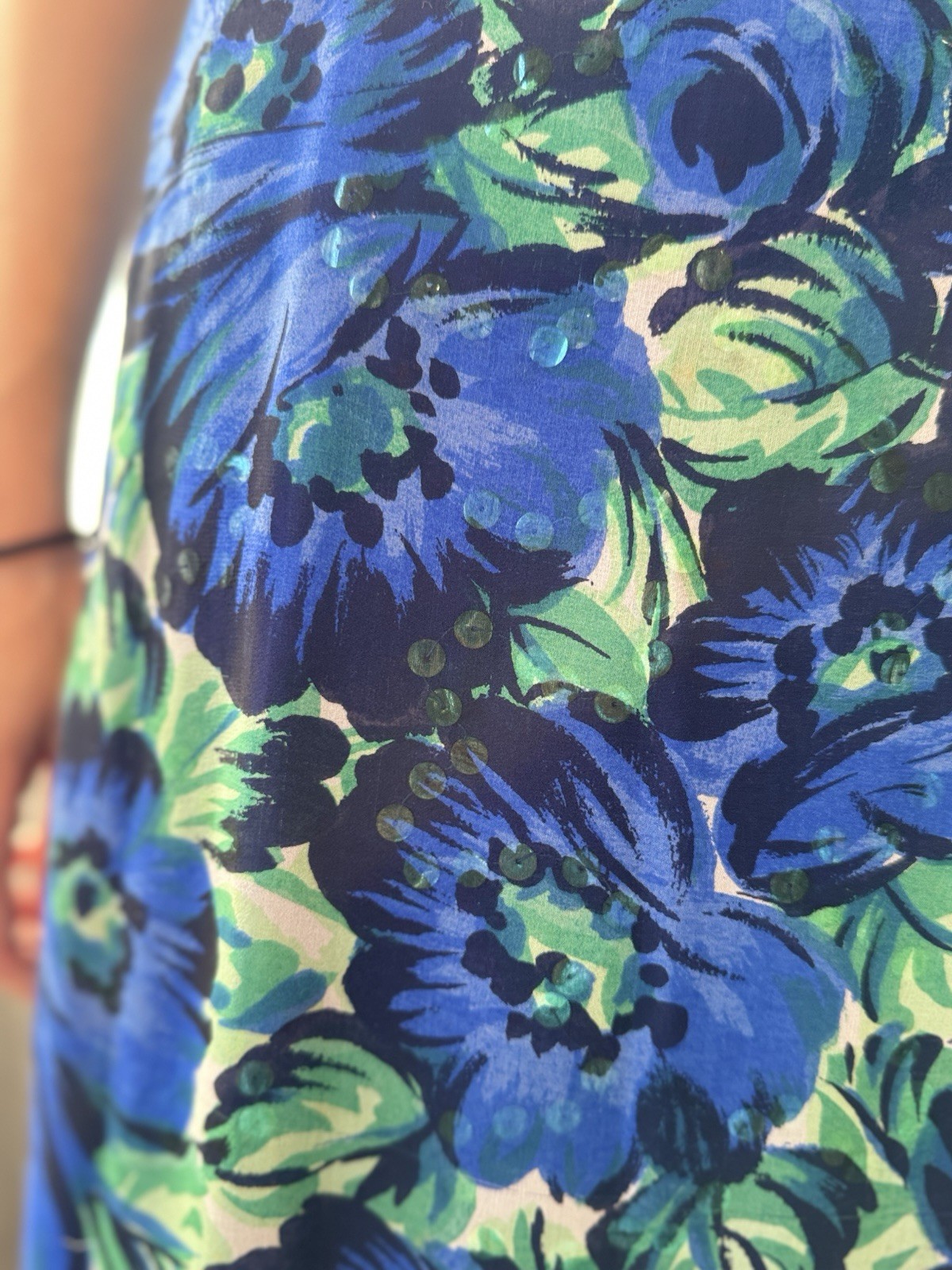 1960s Vintage Silk Chiffon Party DRESS Blue/Green Floral Lined Taffeta M Sequin