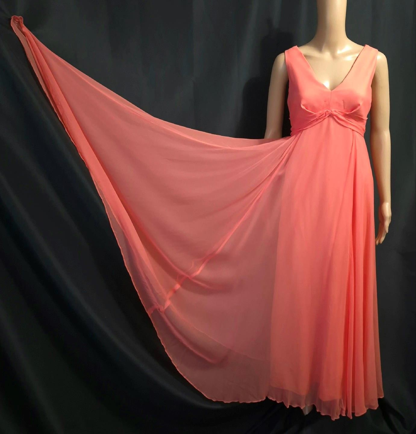 BOHO CORAL PINK CHIFFON 1970s Vintage SWEEPING Full Skirt MAXI DRESS GOWN