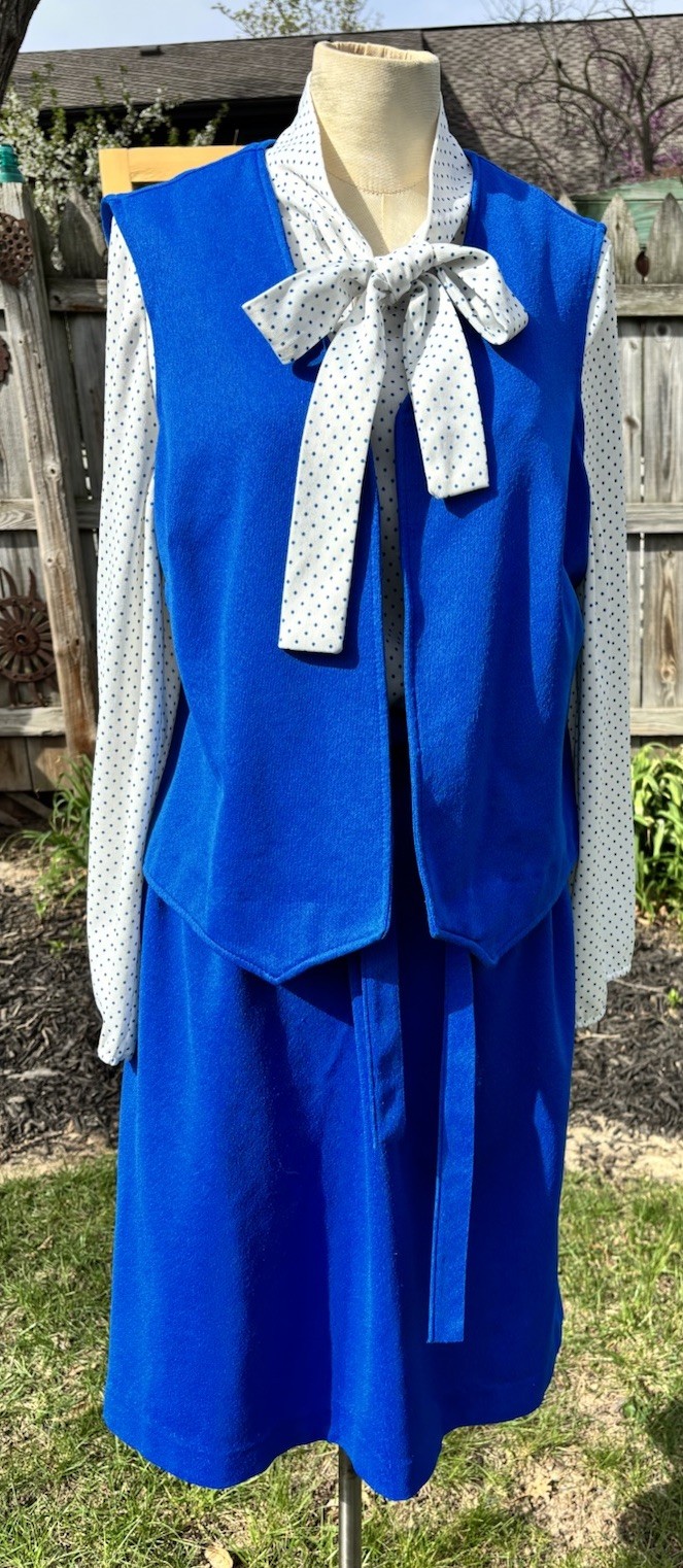 VTG 1970s Secretary Dress Pussy Bow Vest Midi Belt Blue White Stretchy XL B42″