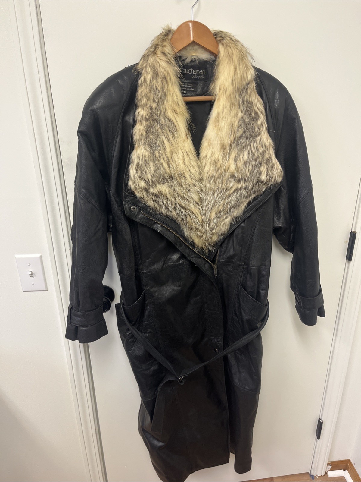 Vintage Pelle Pelle Leather Trench Coat Jacket Marc Buchanan M Fur Trim Sz 9/10