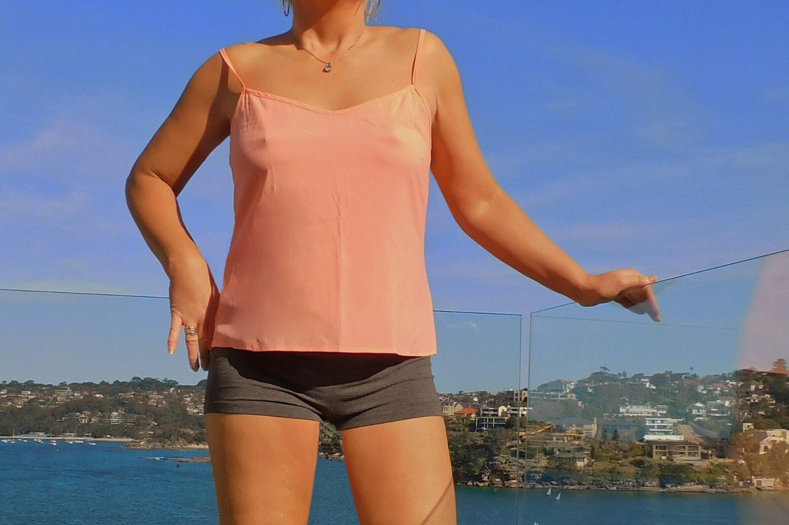 VINTAGE Flirty Sheer Peach Sexy Shoulder Baring Strappy Top