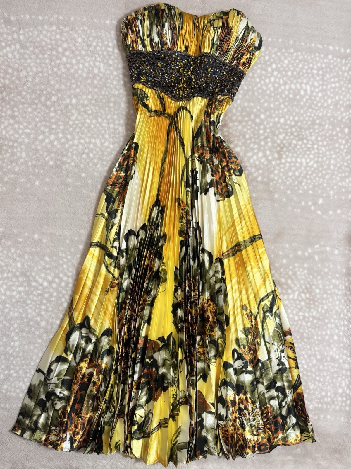 Vintage Yellow Leopard Floral Beaded Sequin Pleated Formal Gown Dress 14 Jovani