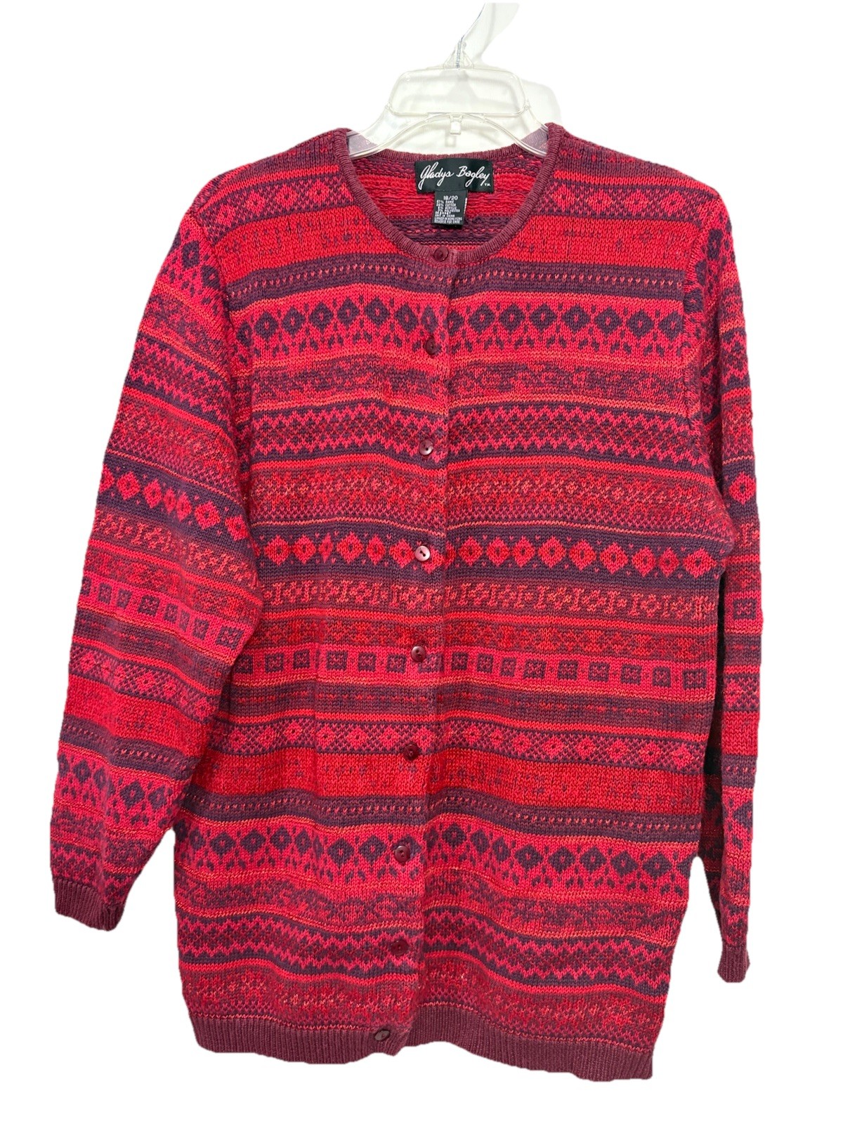 Gladys Bagley Sweater Cardigan 2X Red Fair isle Cotton Rami 18/20 Vintage 90s