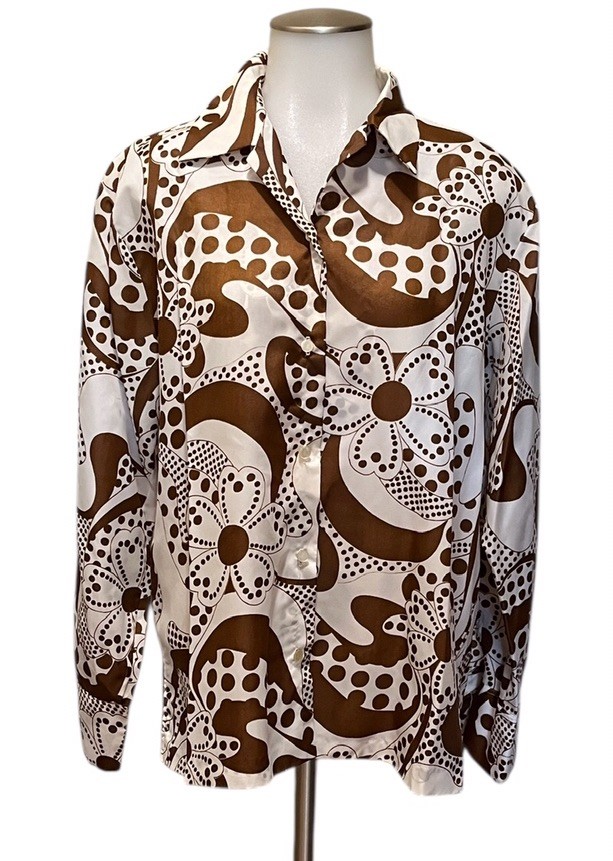 Vtg 60s/70s Funky Big Floral~Polka Dot Ladies Blouse~sz40(L/XL)~Mod~Hippie