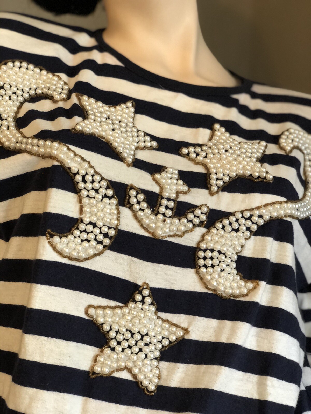 Vintage Victoria Jones Top M Sailor Nautical Stripes Anchor Pearls Sailing Boat