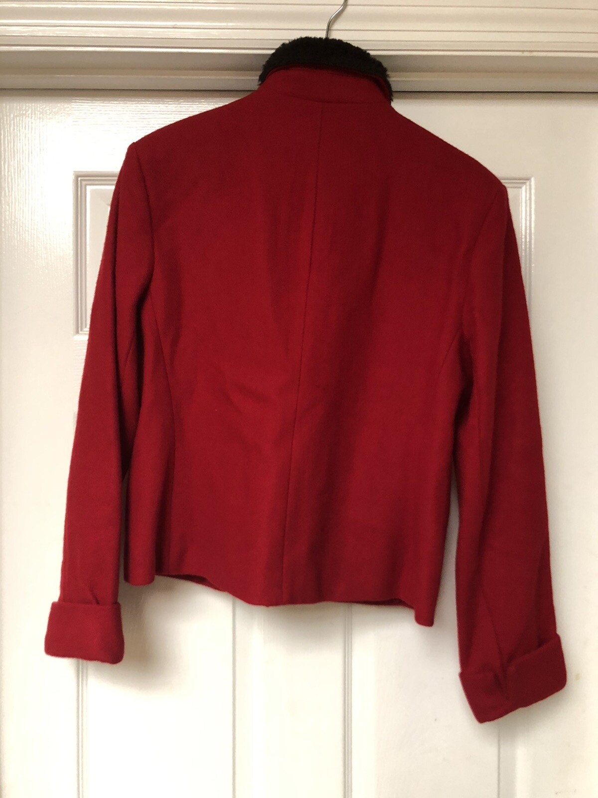 British Khaki Womens Size 12 Red Wool Blazer Faux Fur Collar Button Up Academia