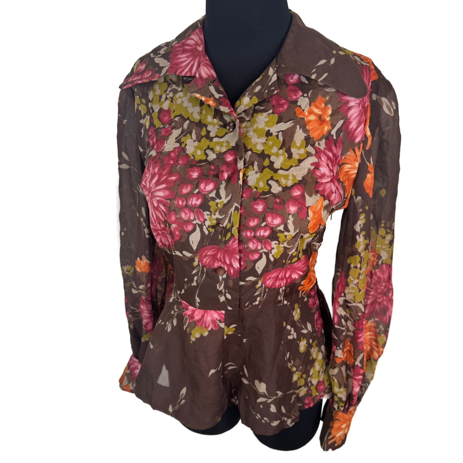 Vintage 1970s Zollner Modell German Floral Blouse Sheer Bishop Sleeve Peplum
