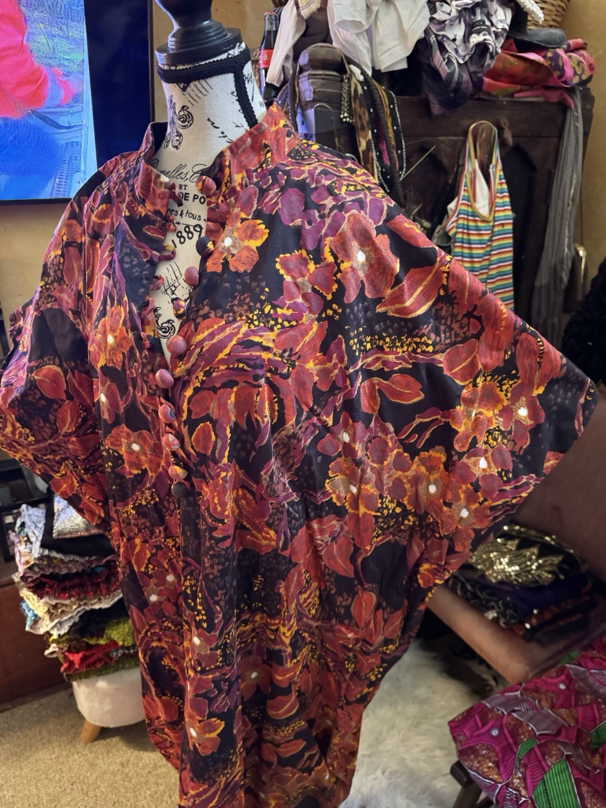 Vtg Caftan Alice California Perma Press Maxi Dress Covered Buttons Rare Goddess