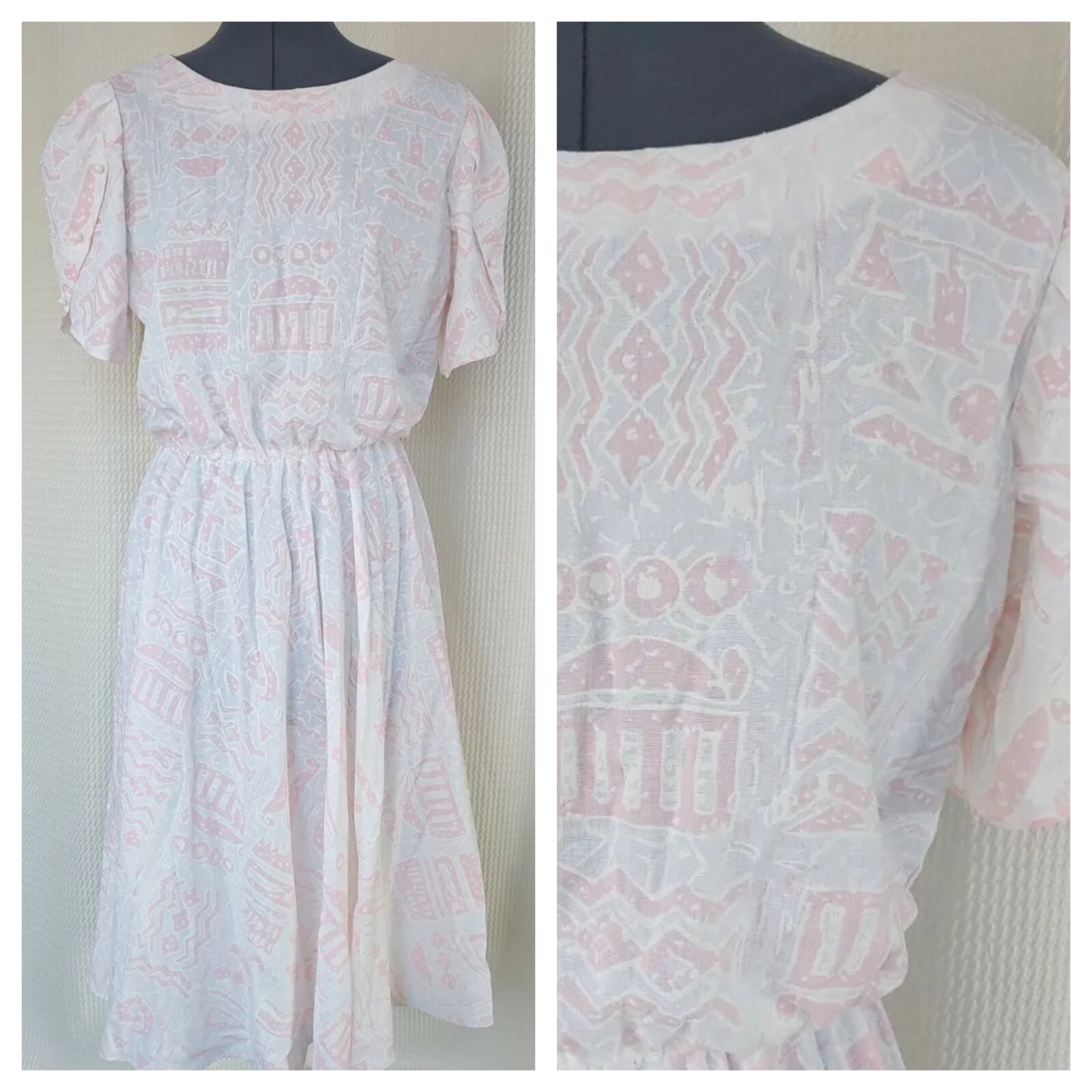 Vintage LA Gal Pink & White Abstract Printed Dress w Elastic Waist Size 16