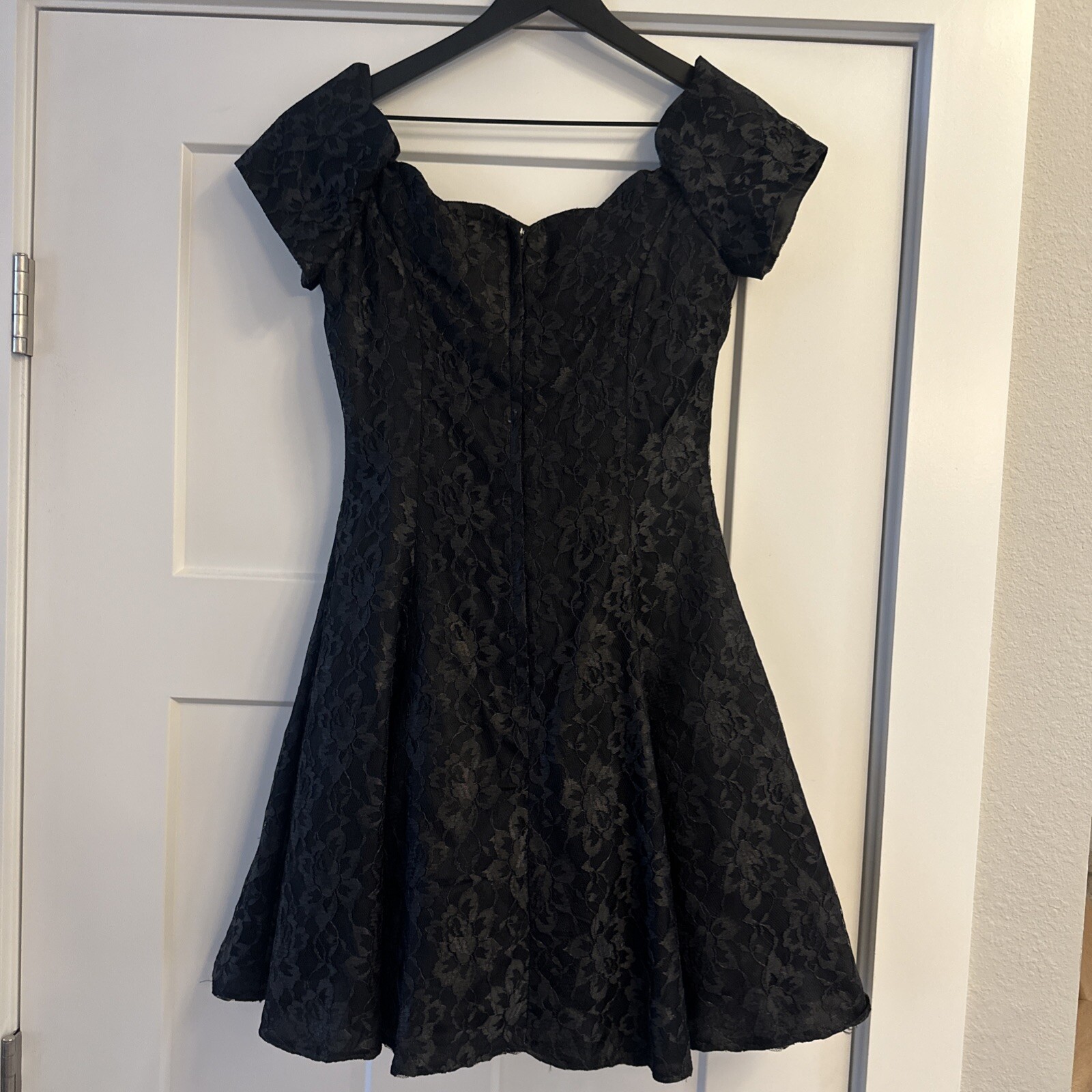 VTG 90s Off Shoulder Flare Mini Dress Prom Sz S Black Lace Roberta Grunge Goth