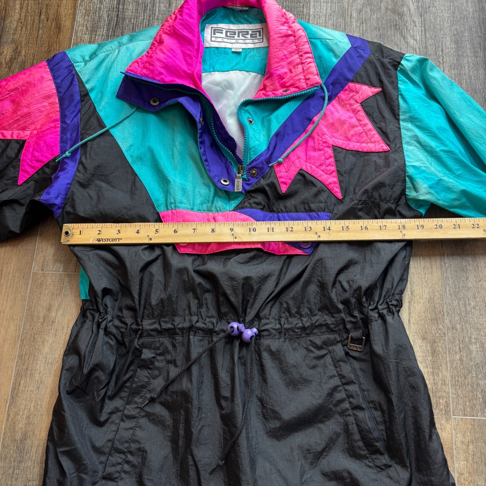 Vintage Fera Skiwear Neon Colorblock Anorak Pullover Jacket Womens 8 Black Teal