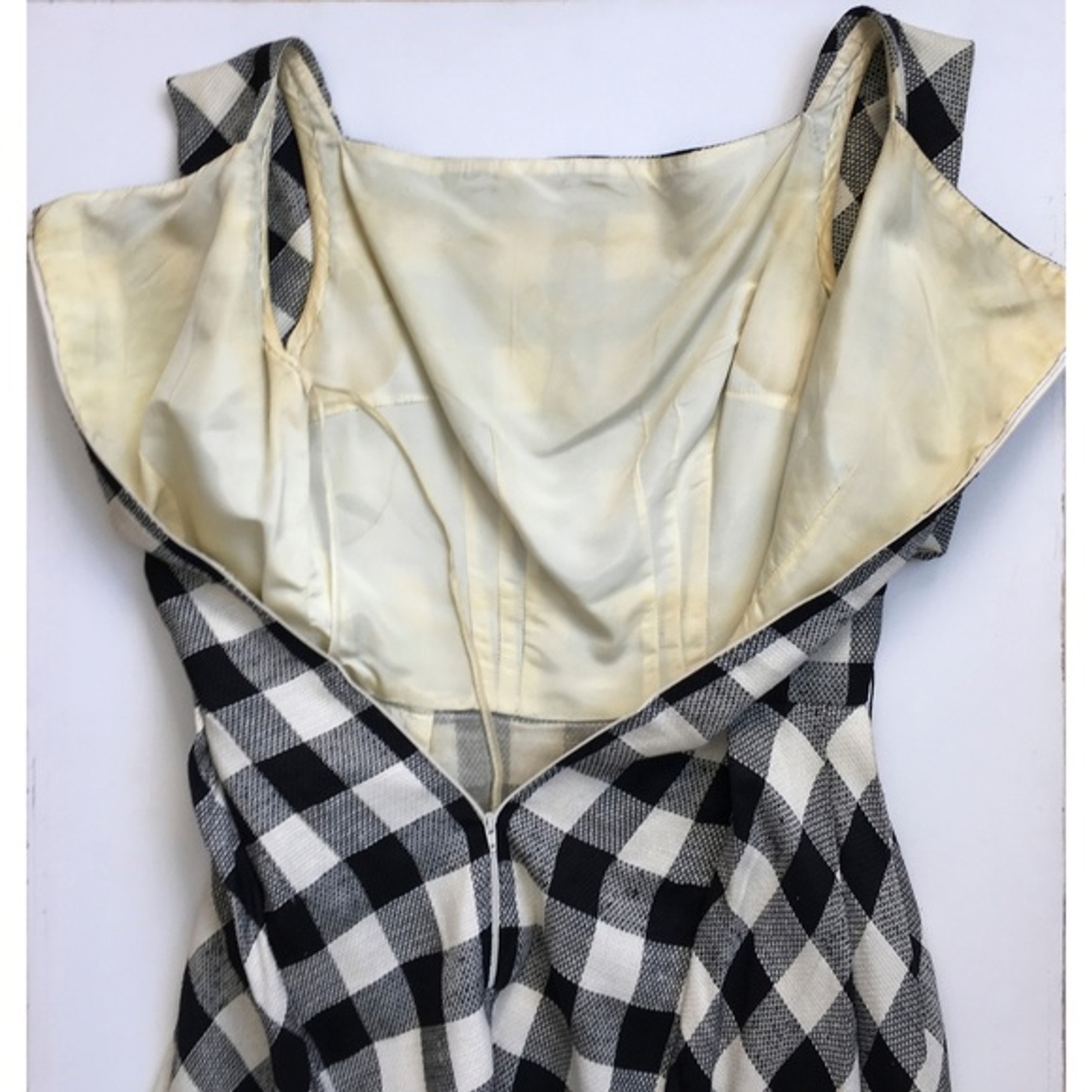 Vtg White Black Checkered Dress Statement Sleeves