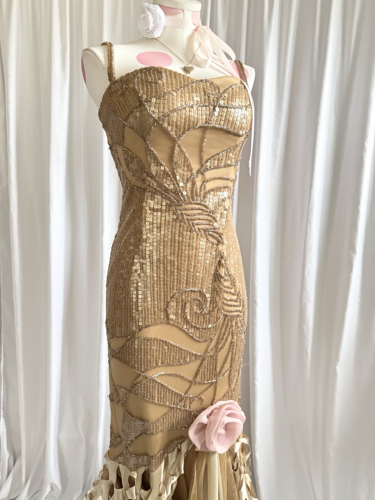 Vintage Gold Fairy Beaded Sequin Ruffle Mesh Vacation Princess Formal Gown Dress