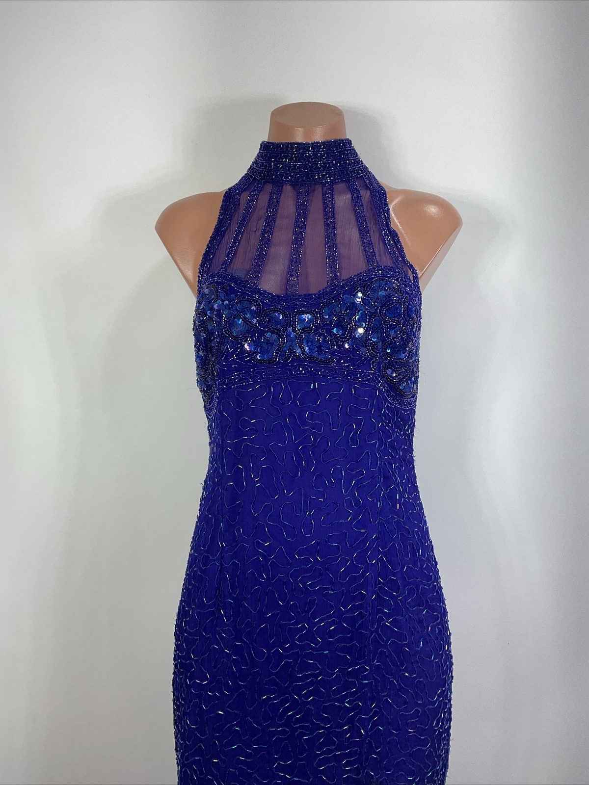 Vtg 90s y2k Papell Boutique Evening Dress 4 Silk Beaded Maxi Gown Fairy Prom