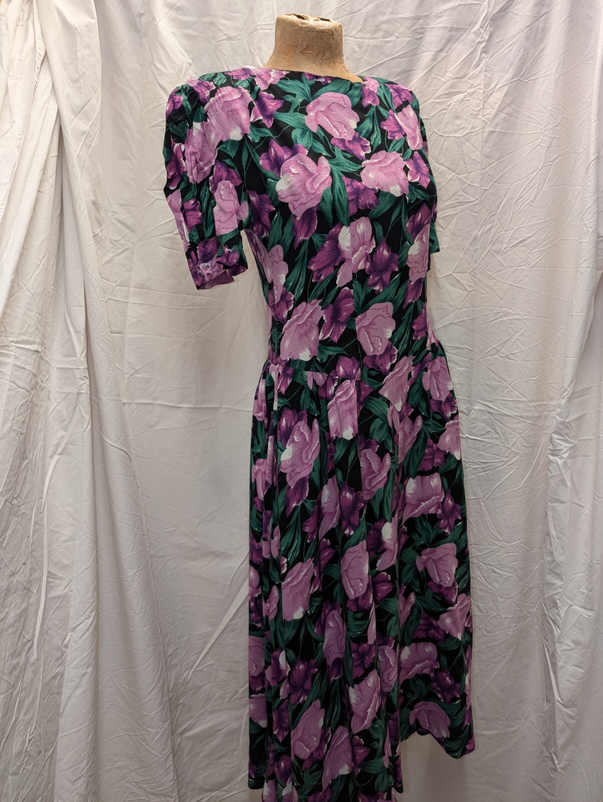 1980’s Black Purple Green White Rayon Dress by Country Romance Size 7/8