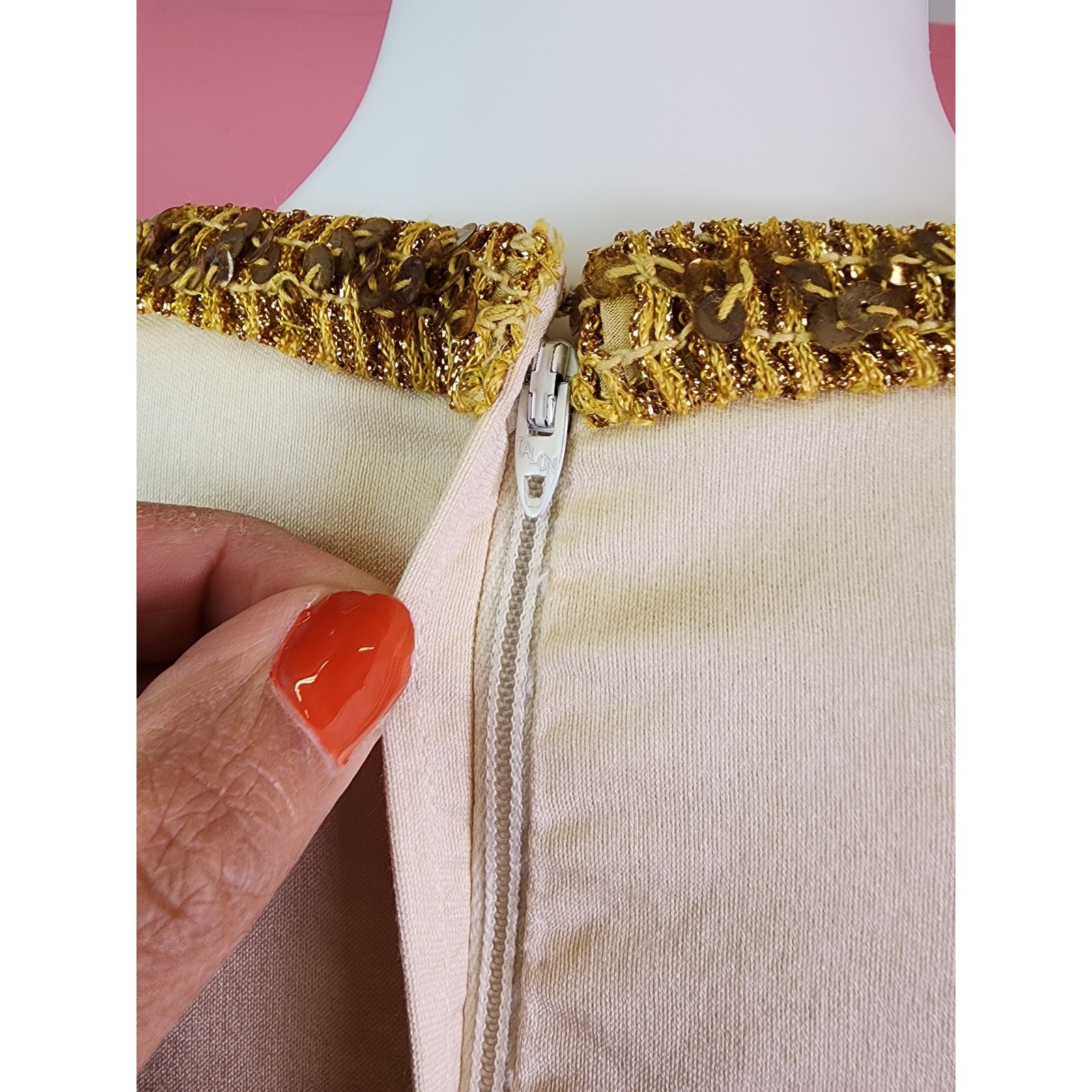 Vintage 1960’s Champagne Cream Gold Cord Trim Rhinestone Shift Dress I. Magnin