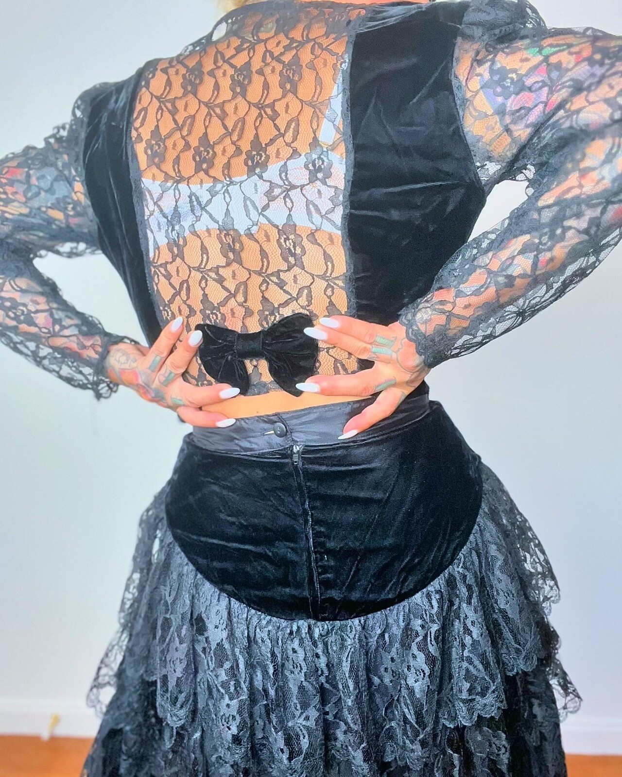 GOTH Punk 1980’s 80s Vintage Velvet & Sheer Lace Sleeve Prom Top Skirt Dress S M