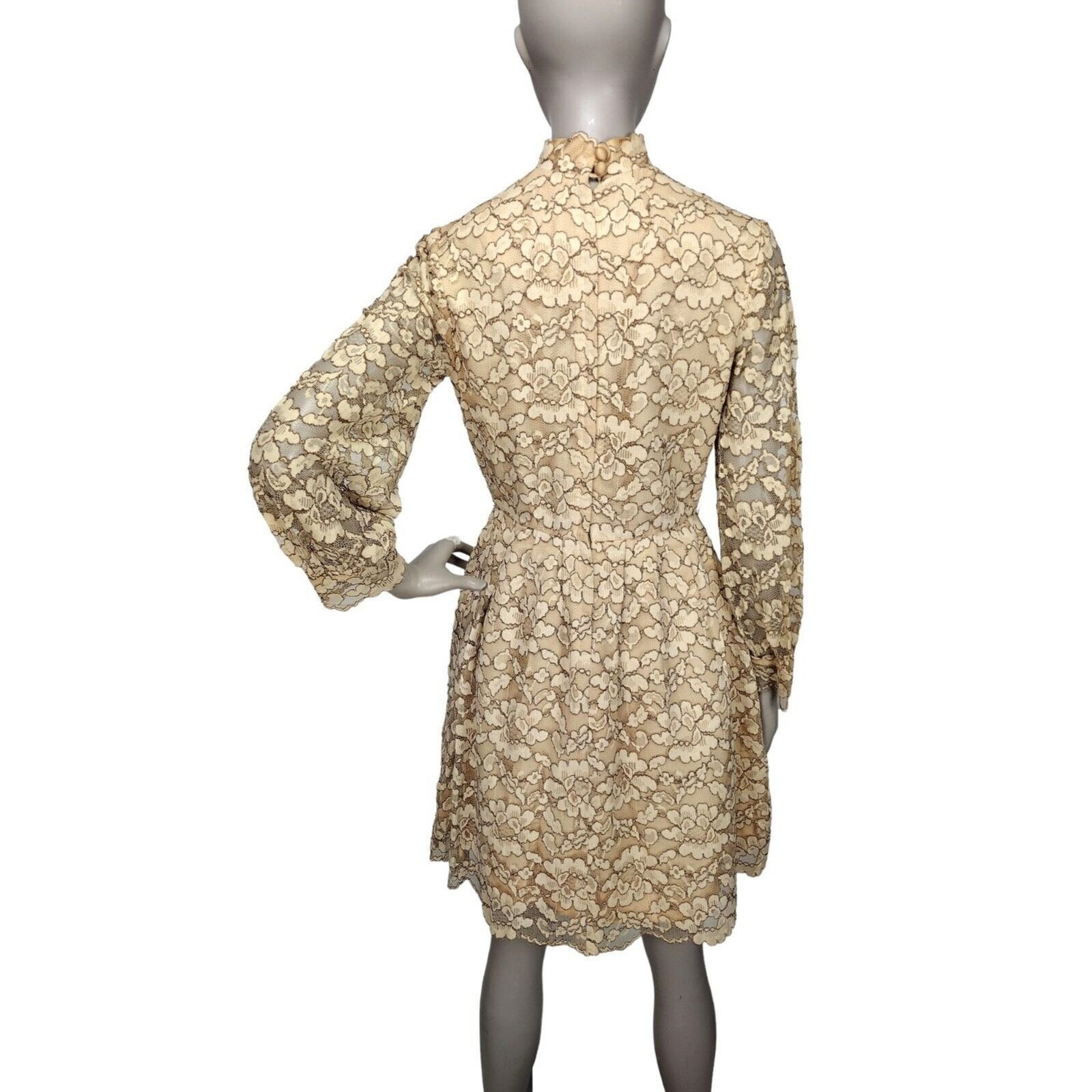 Vintage 60s Beige Gold Floral Lace Scalloped Edge Balloon Sleeve Mini Dress