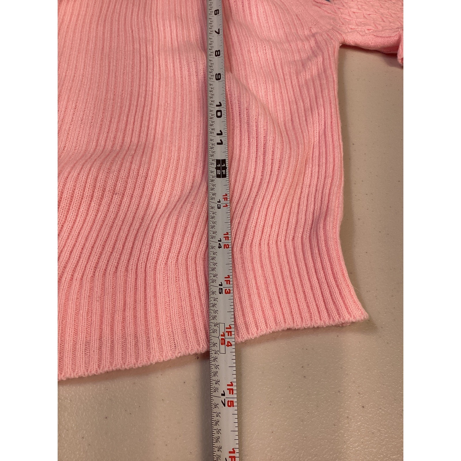 Vintage Pink Ribbed Knit Floral Embroidered Square Neck Short Sleeve Sweater S