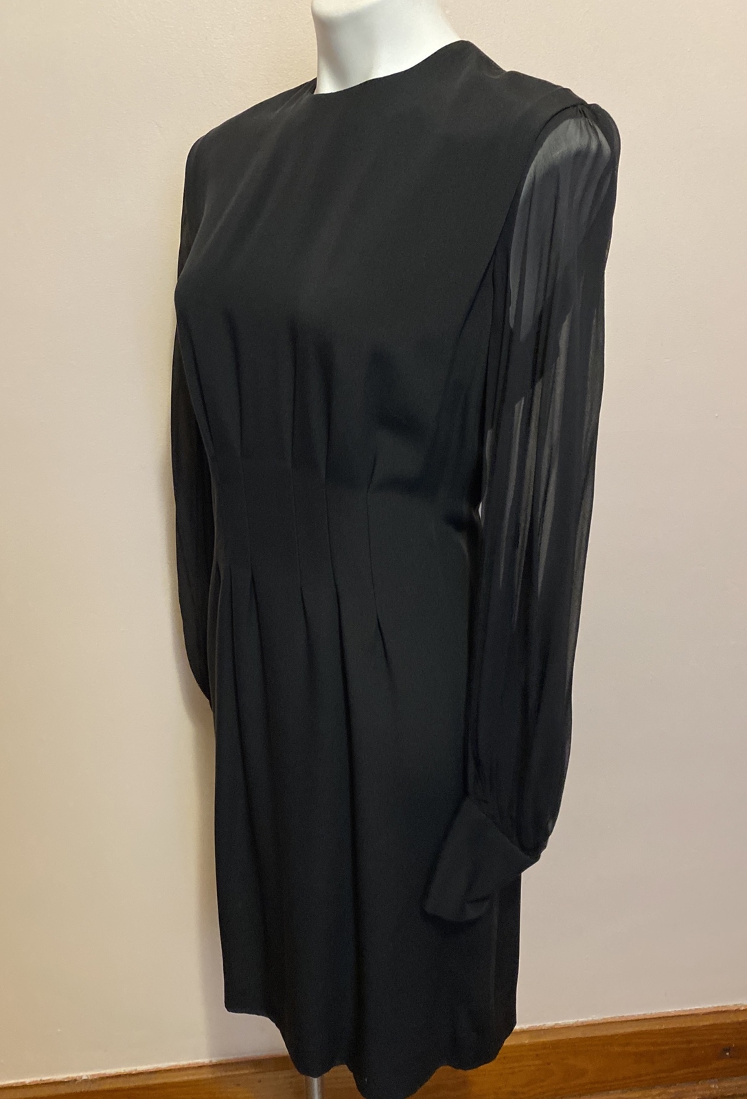 VTG Richilene NYC Black Sheer Silk Bolero Sleeve Pleated Waist Sheath Dress 14