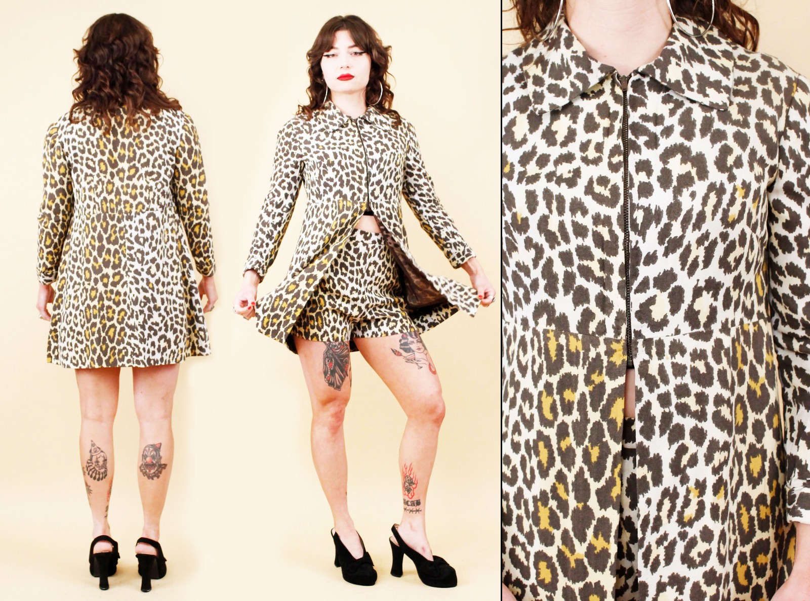 60s Vtg Incredible Handmade Leopard Print 2pc Matching Suit Short Blazer Sm