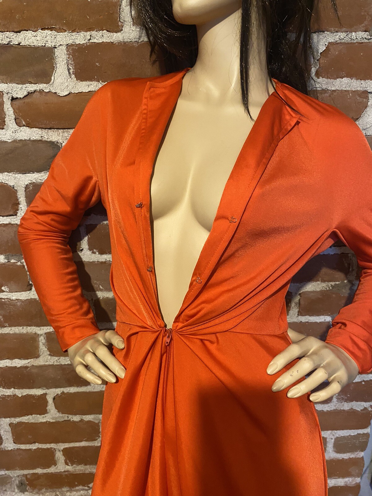 Halston IV Vintage 70s Women’s Dorian Caftan Maxi Dress Orange Red O/S Deep V