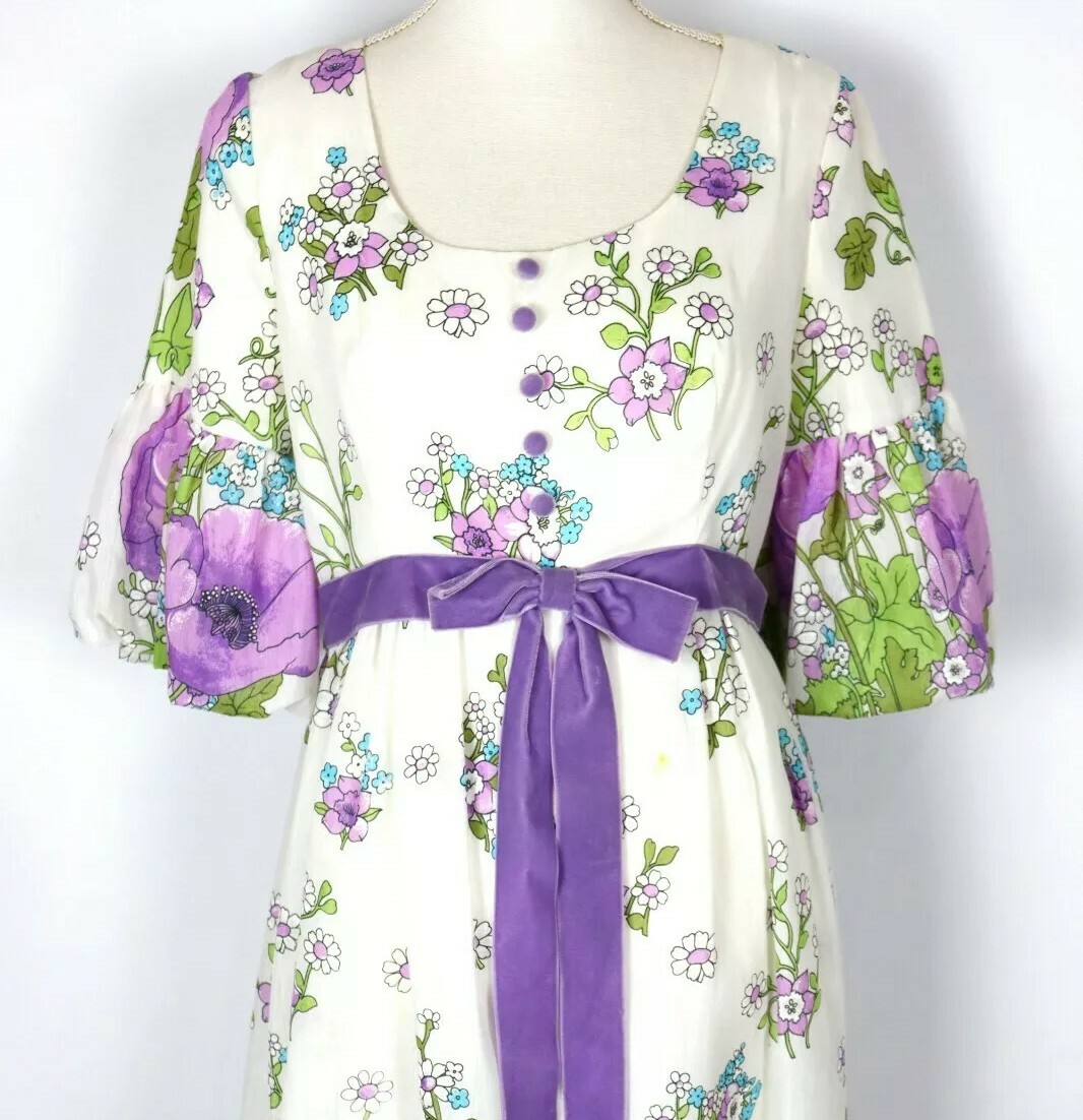 Purple Floral 70s Maxi Dress Ladies S Boho Hippy Retro Festival Prarie Vintage