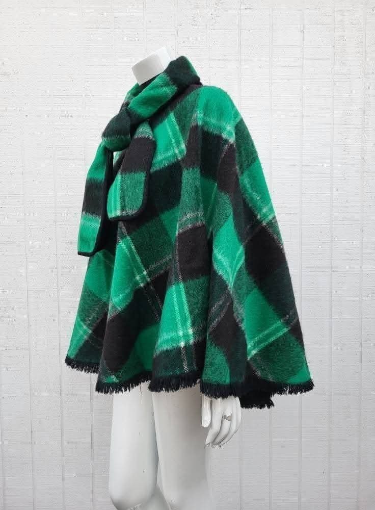 1960s Black And Green Plaid Poncho/Cape As Is