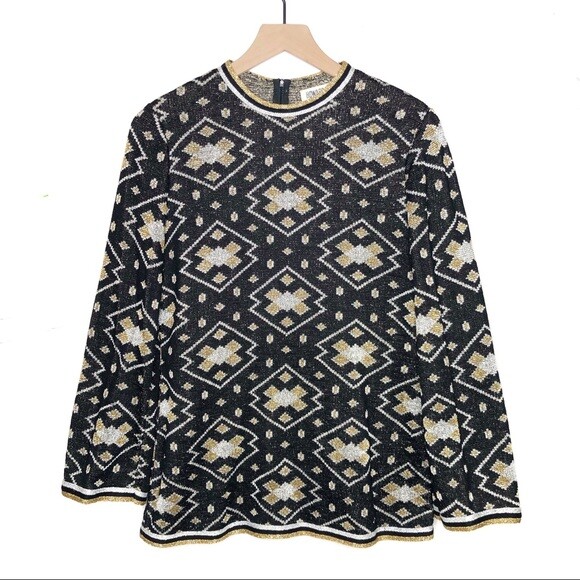 Vintage Metallic Geometric Sweater Black Gold Holiday Christmas Medium