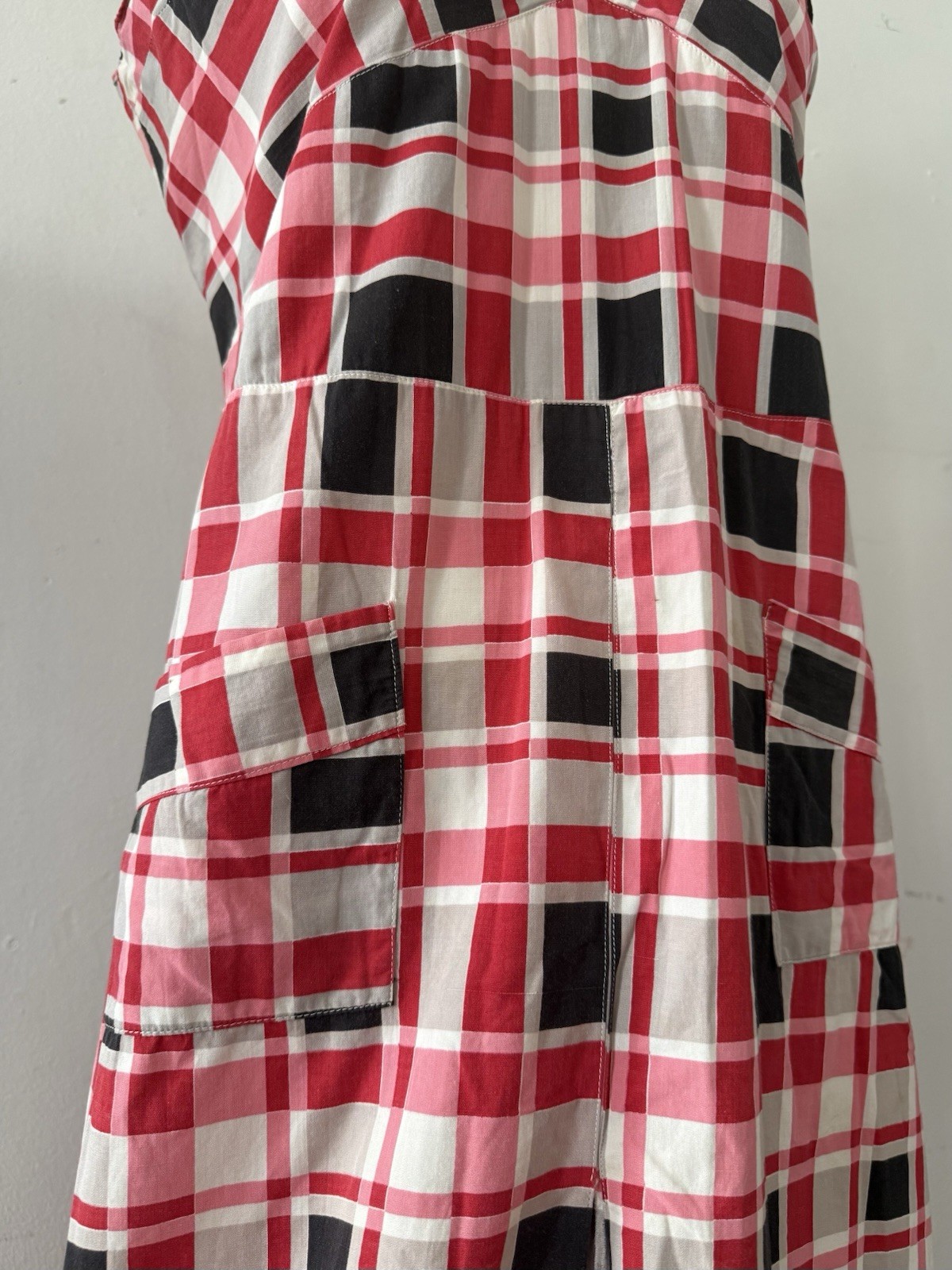 30s Glazed Cotton Plaid Pointed Collar 1/4 Zip Halter Dress Midi Sportswear S/M