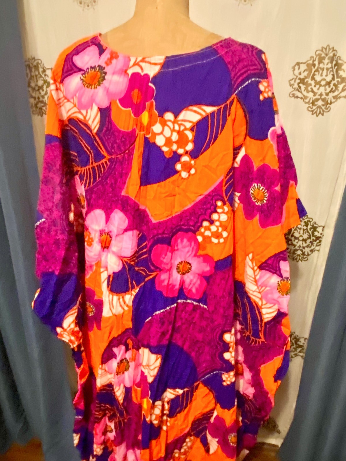 Vintage McInerny Psychedelic OPEN SIDES Hawaiian Maxi Coverup Caftan Dress L
