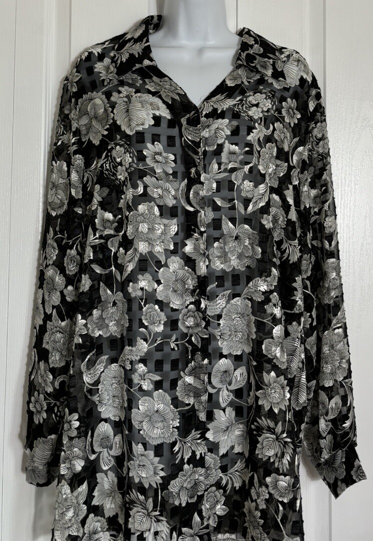 Vtg Y2K Ashley Stewart Black Floral Long Sleeve Button Up Blouse Top Sz 16
