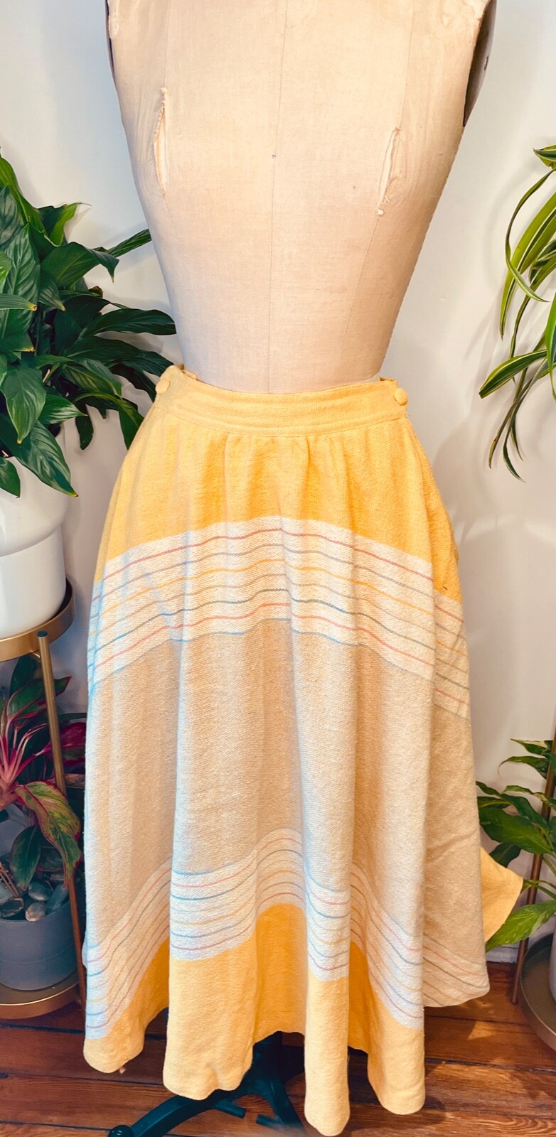 VTG 70’S TRUDY WALKER ARTISNAL BOHO DISCO HIPPIE WOVEN YELLOW STRIPED SKIRT*S