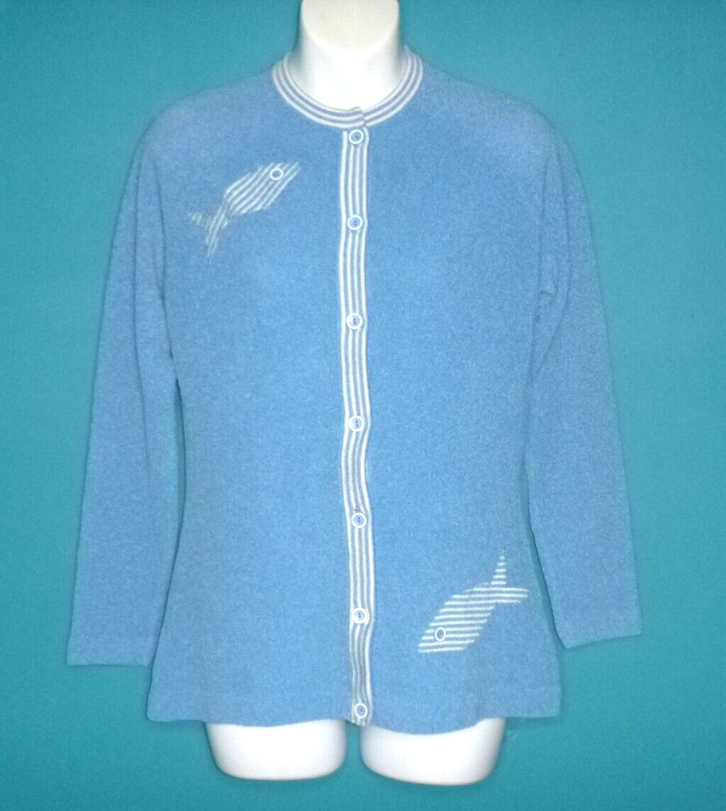 Vtg 60s Talbott Traveler Cardigan Sweater periwinkle Blue W/ Fish Motif S/M